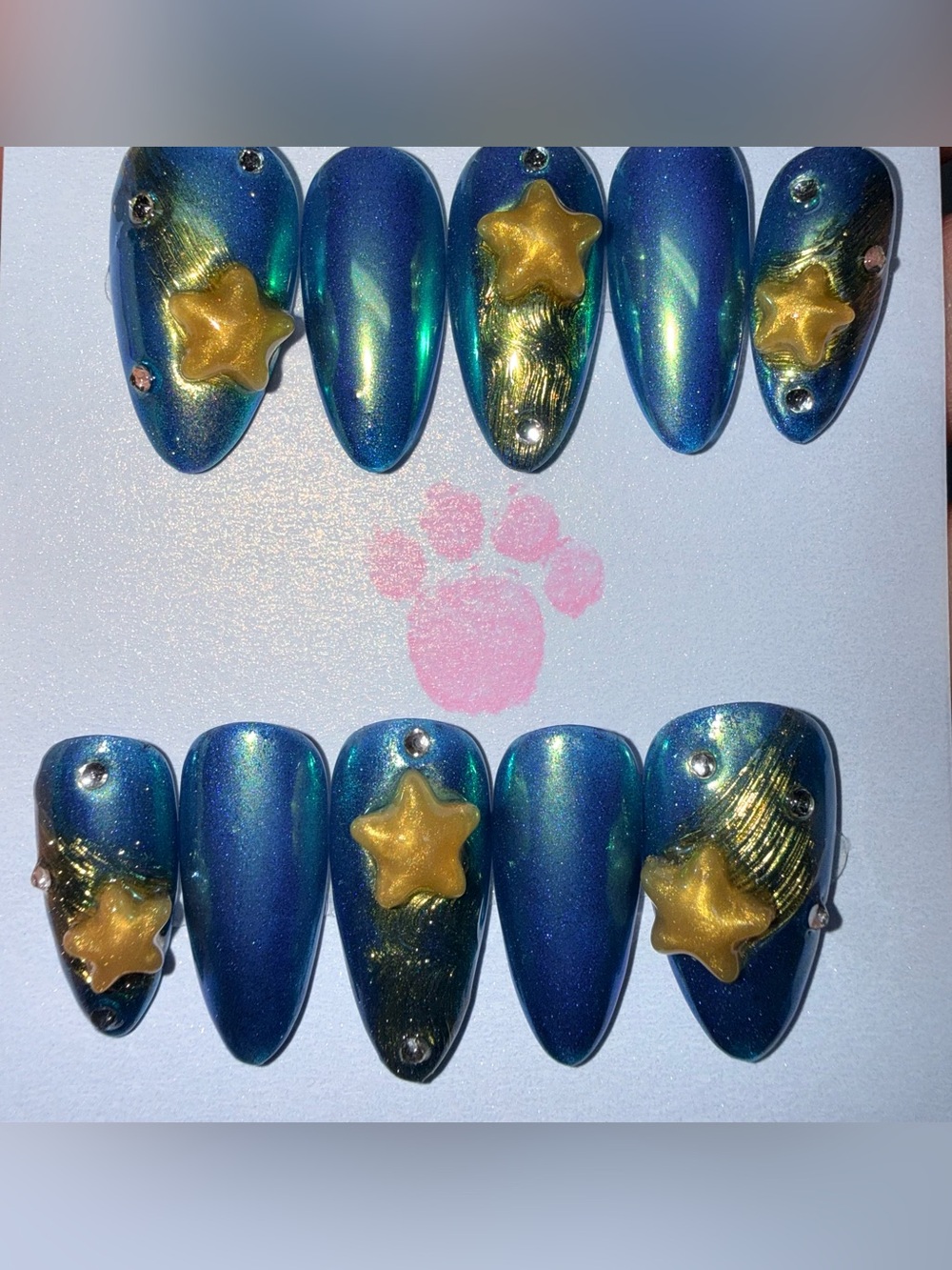 Blue Green Shimmer shooting stars press on nails with Gold Star Accents size L